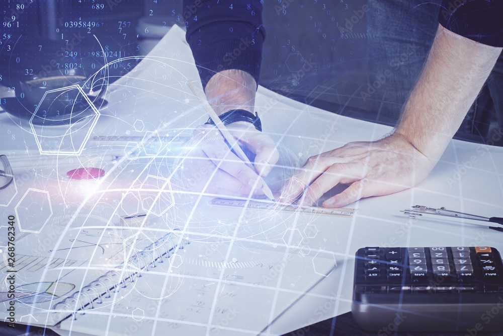 Man with multi exposure global network theme icons. Man with multi exposure global network theme icons.