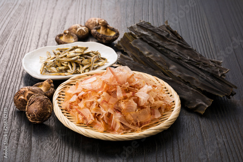 出汁の食材　Ingredients of Japanese fish broth (Bonito Flakes,Dried kelp,Dried sardine,Dried shiitake mushroom) photo