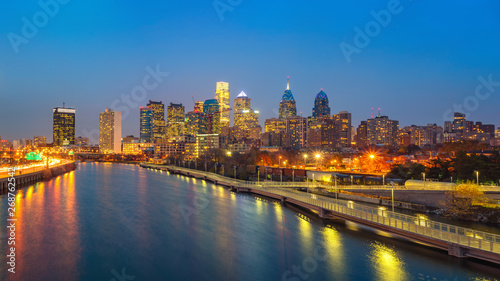 Panoramic picture of Philadelphia skyline and Schuylkill river at night  PA  USA.