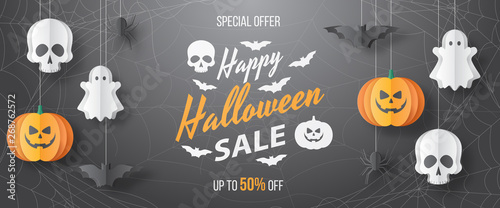 Happy Halloween sale vector banner. Paper cut style. Vector illusration