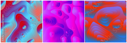 Set 3 elements for banner, web background. Lava Lamp wallpaper effect with psychedelic colors. Bright, vivid, modern colors in layered images. Waves and layers with gradients colors and sliced shapes