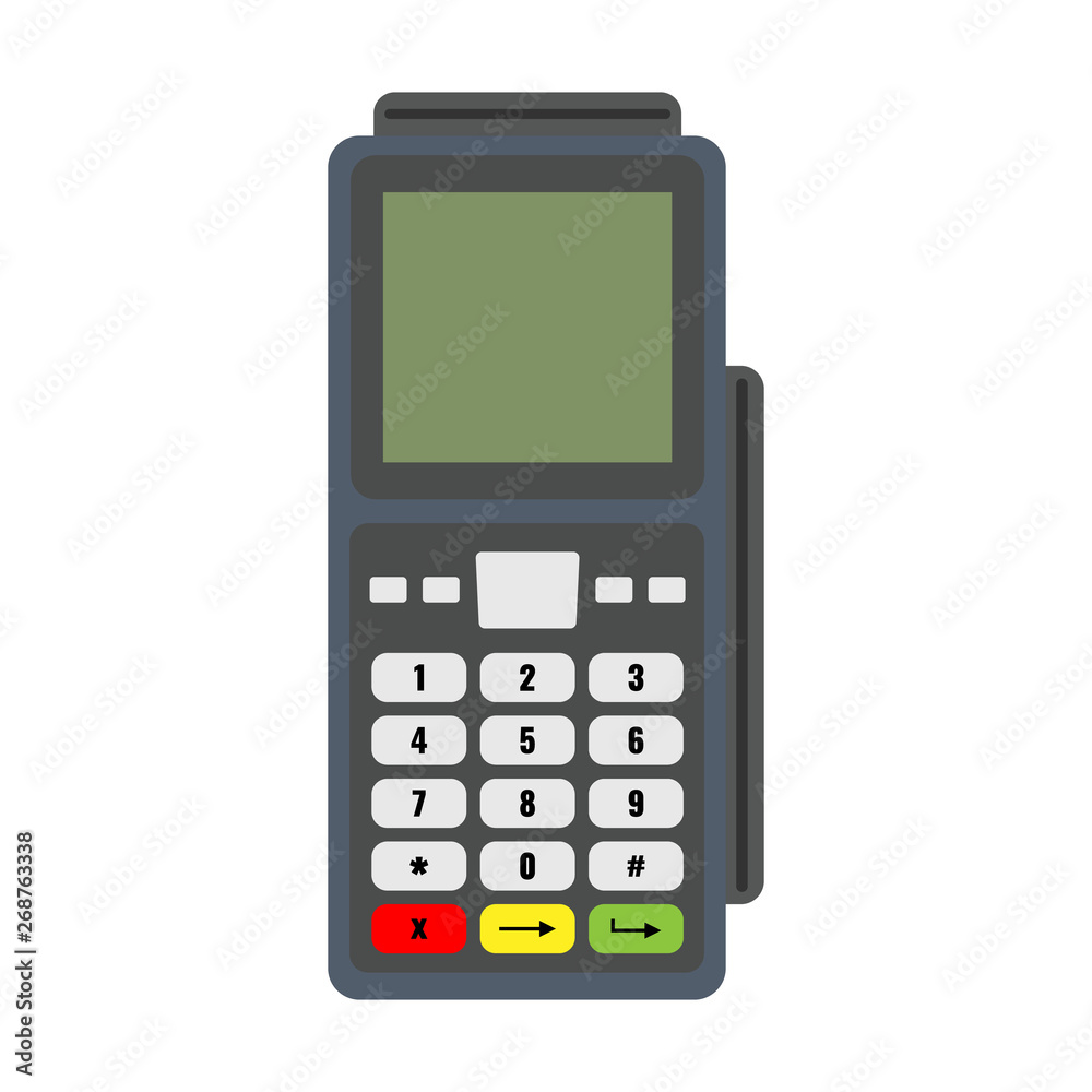 Modern Bank or credit Card Reader with top view and large screen. Flat color style vector illustration. Modern Bank or credit Card Reader with top view and large screen. Flat color style vector illustration.