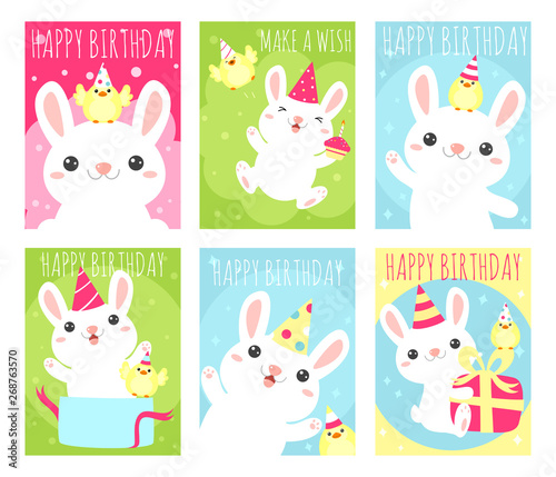 Set of birthday banners with cute rabbit and chicken