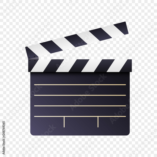 Realistic movie and film clapperboard icon on white transparent background. Art design cinema slate board template. Abstract concept graphic filmmaking element