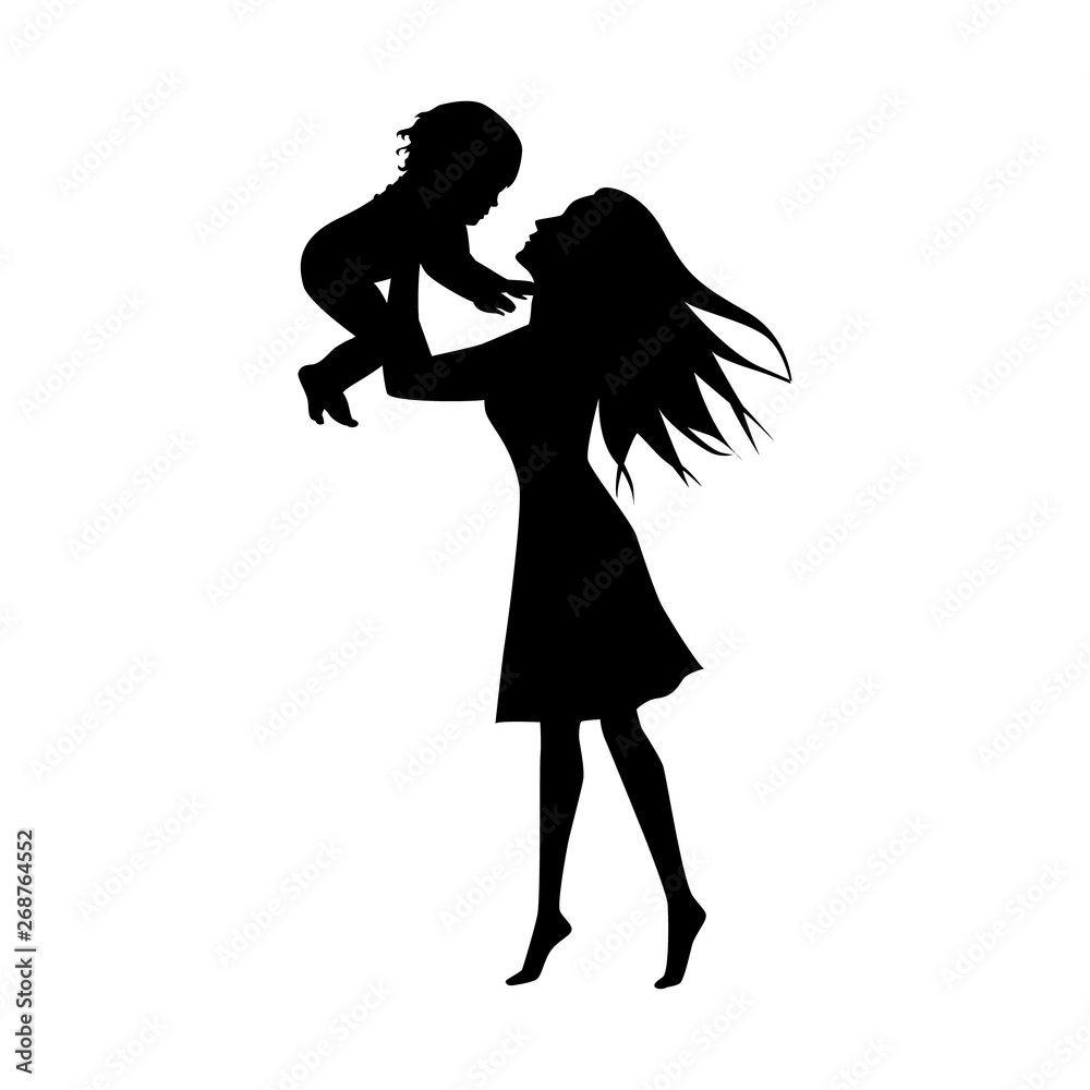 black women silhouette with little child isolated on white background, holiday clipart. Happy Mother's day greeting card. Vector illustration mother and baby.