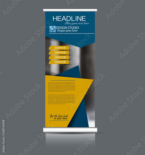 Roll up banner design. Vertical narrow flyer template. Advertising panel layout. Blue and orange vector illustration.