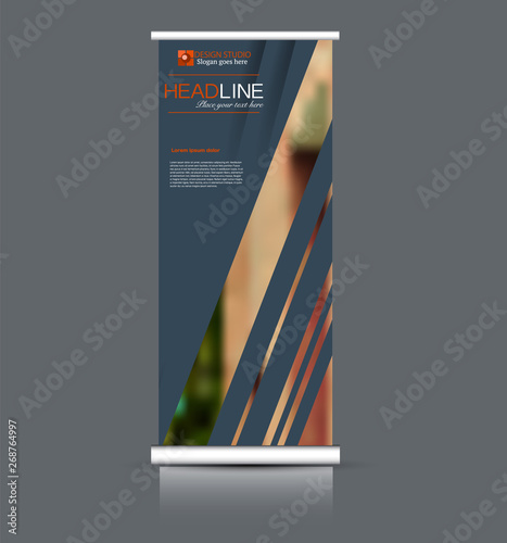 Roll up banner design. Vertical narrow flyer template. Advertising panel layout. Grey and orange vector illustration.