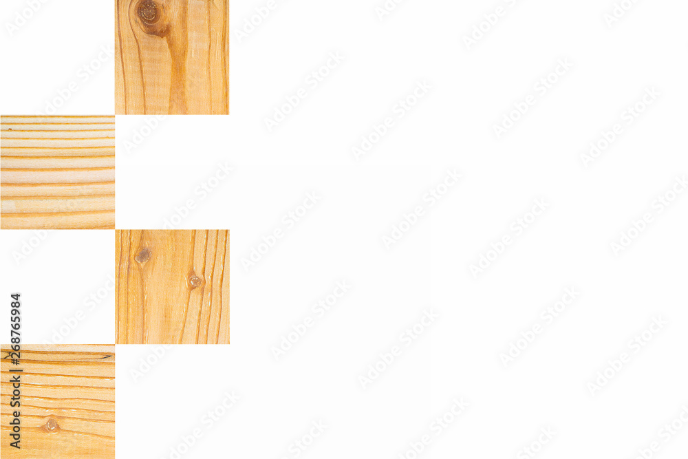 Naklejka premium Light textured wooden square blocks in chess board order on white background, Horizontal with copy space for text and design about wood work, natural timber, building
