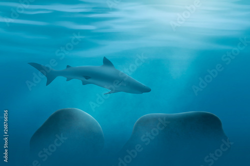 Underwater scene illustration with light rays. Blue shiny background.