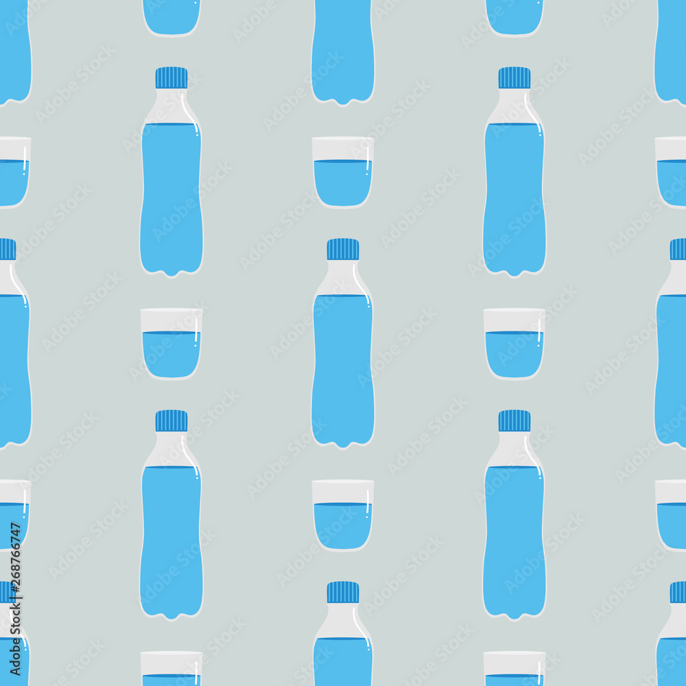 Plastic bottle of water and glass of water vector seamless pattern background. Plastic bottle of water and glass of water vector seamless pattern background.