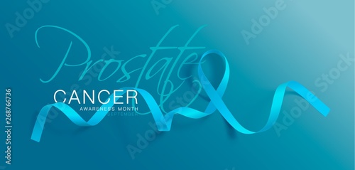 Prostate Cancer Awareness Calligraphy Poster Design. Realistic Light Blue Ribbon. September is Cancer Awareness Month. Vector
