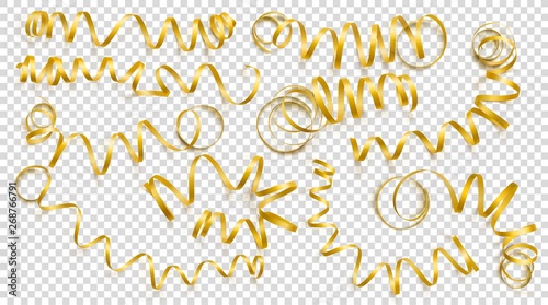 Set of realistic gold ribbons on transparency background. Vector illustration. Can be used for greeting card, holidays, banners, gifts and etc.