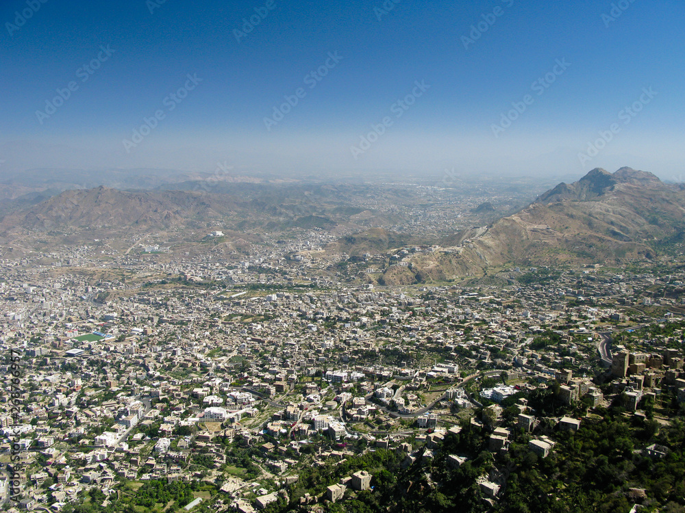 Exterior view to Taiz city from Al-Cahira fortress at Taiz, Yemen