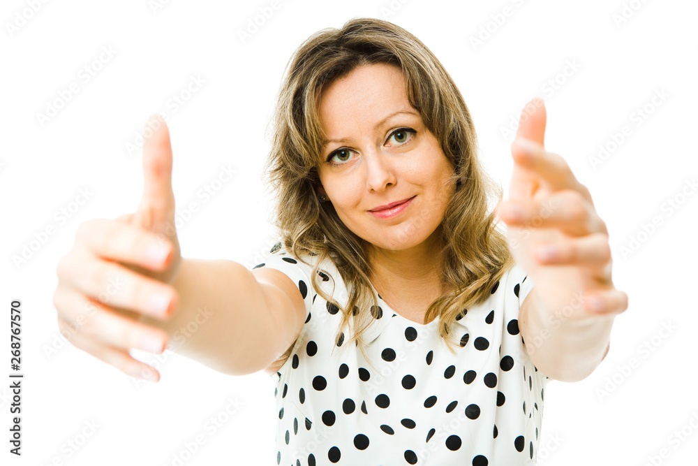 Attractive women in white dress with black dots going to hug you. Attractive women in white dress with black dots going to hug you.