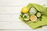 Fresh detox lemon water, healthy drink. Summer citrus lemonade.