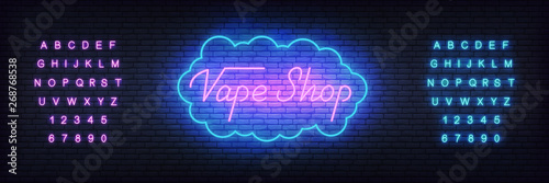 Vape shop neon template. Glowing lettering Vape shop sign.