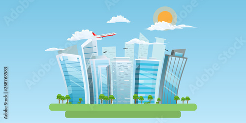 Cool Cartoon style Cityscape with nice buildings and sky with clouds. Vector illustration. photo