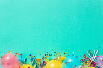 Decoration party. Balloons and different party decorations with free copy space top view