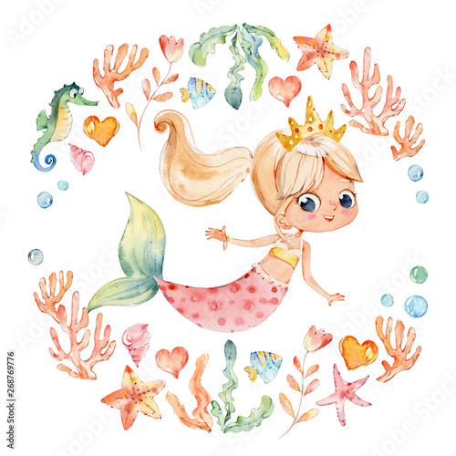 Mermaid Watercolor Surrounded by Frame of sea elements, Sea Horse, corals, bubbles, seashells, anchor, seaweeds. Ocean Kit. Young Underwater Woman Nymph Grace Mythology Princess.