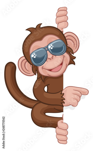 A cool monkey cartoon character animal wearing sunglasses or shades peeking around a sign and pointing at it