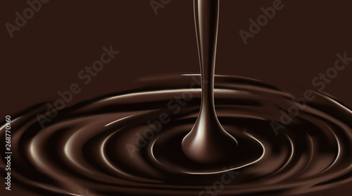Delicious Chocolate flowing down and splash on brown background