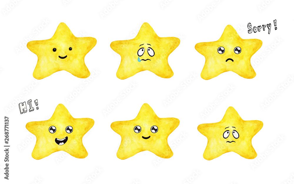 Set of Cute yellow star with different emotions in cartoon style ...
