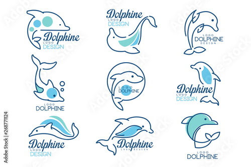 Dolphine logo templates set, nautical design elements in blue colors vector Illustrations on a white background