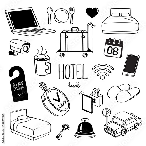 Hand drawing styles for hotel items. Doodle Hotel service.