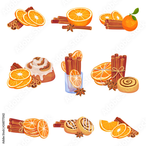 Set of images of cinnamon sticks with oranges. Vector illustration on white background.