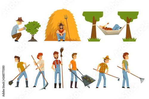 Farmers set, farm workers with gardening tools, gardeners at work vector Illustrations on a white background