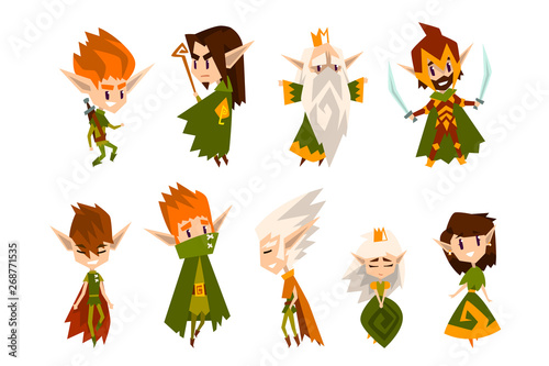 Forest elves set, fairytale magic characters in green clothes vector Illustrations on a white background