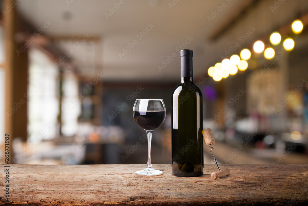 Wine bar tasting set up tray decoration bottles in restaurant