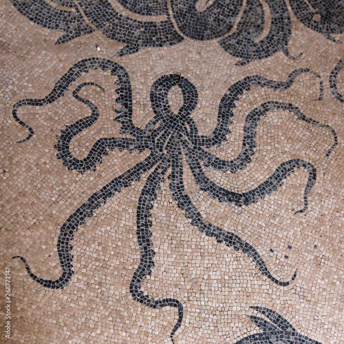 Herculaneum, Italy. 04-24-2019. Mosaic at Herculaneum ancient roman city in Italy
