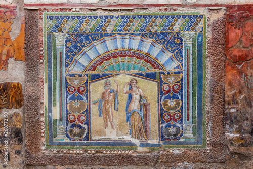 Herculaneum, Italy. 04-24-2019. Mosaic at Herculaneum ancient roman city in Italy photo