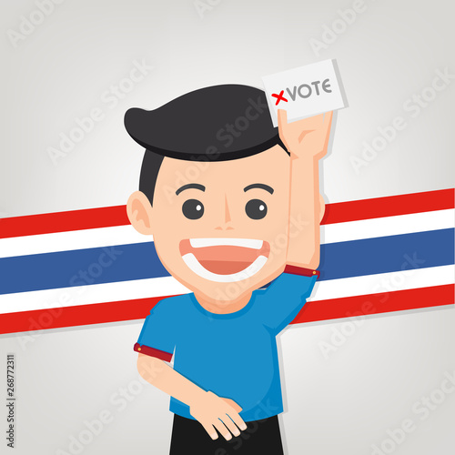 Thai General Election, People puts voting ballot in ballot box with Thai flag. Vector illustration - Vector