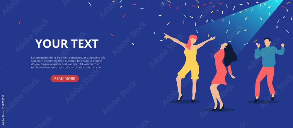 Party festive banner with people and confetti. Flat style design. Party festive banner with people and confetti. Flat style design.