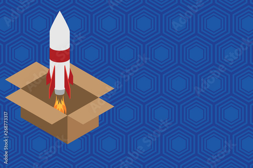 Fire launching rocket carton box. Starting up project. Fuel inspiration Design business Empty copy space text for Ad website promotion isolated Banner template