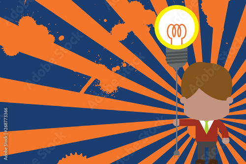 Standing man tie holding plug socket light bulb to connect idea. Startup Design business concept Empty copy text for Web banners promotional material mock up template