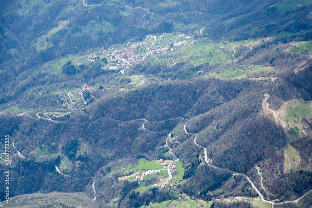 aerial of Gerosa village in Brembilla valley, Italy