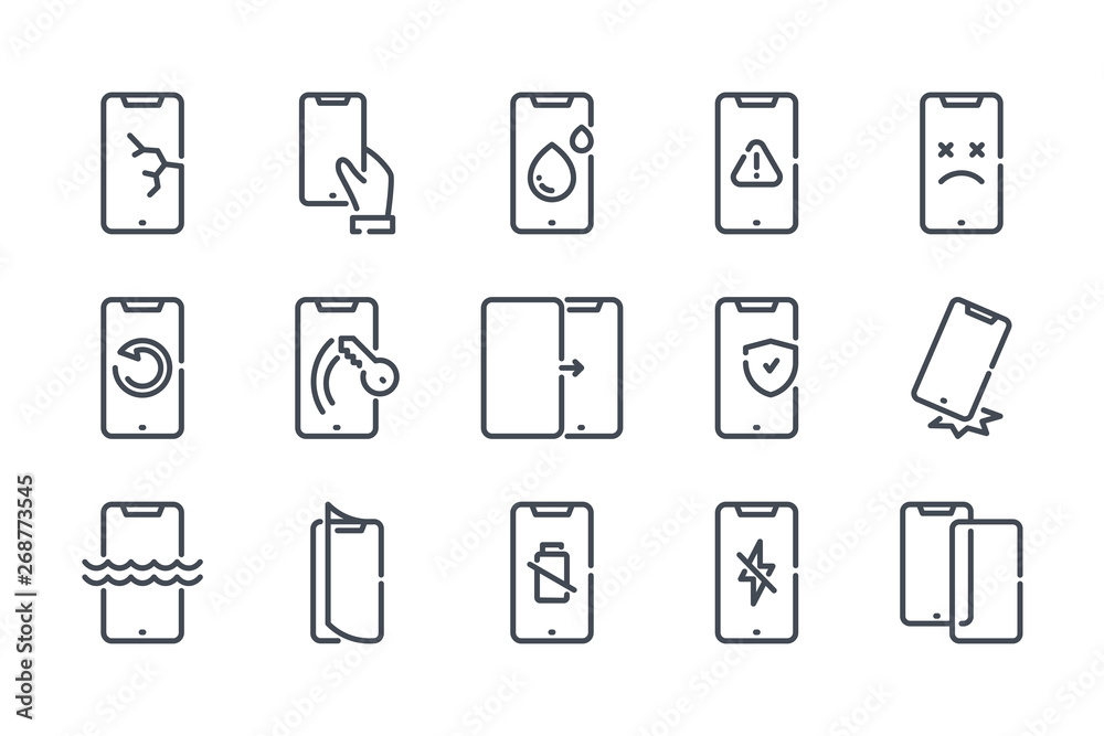 Mobile phone repair related line icon set. Smartphone protection linear  icons. Cell phone problems outline vector signs and symbols collection.  Векторный объект Stock | Adobe Stock