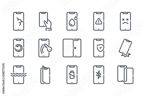 Mobile phone repair related line icon set. Smartphone protection linear icons. Cell phone problems outline vector signs and symbols collection.