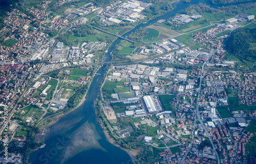 aerial of industrial sprawl near the Adda river  Calolziocorte  Italy