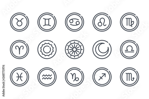 Zodiac related line icon set. Astrology linear icons. Horoscope outline vector signs and symbols collection.