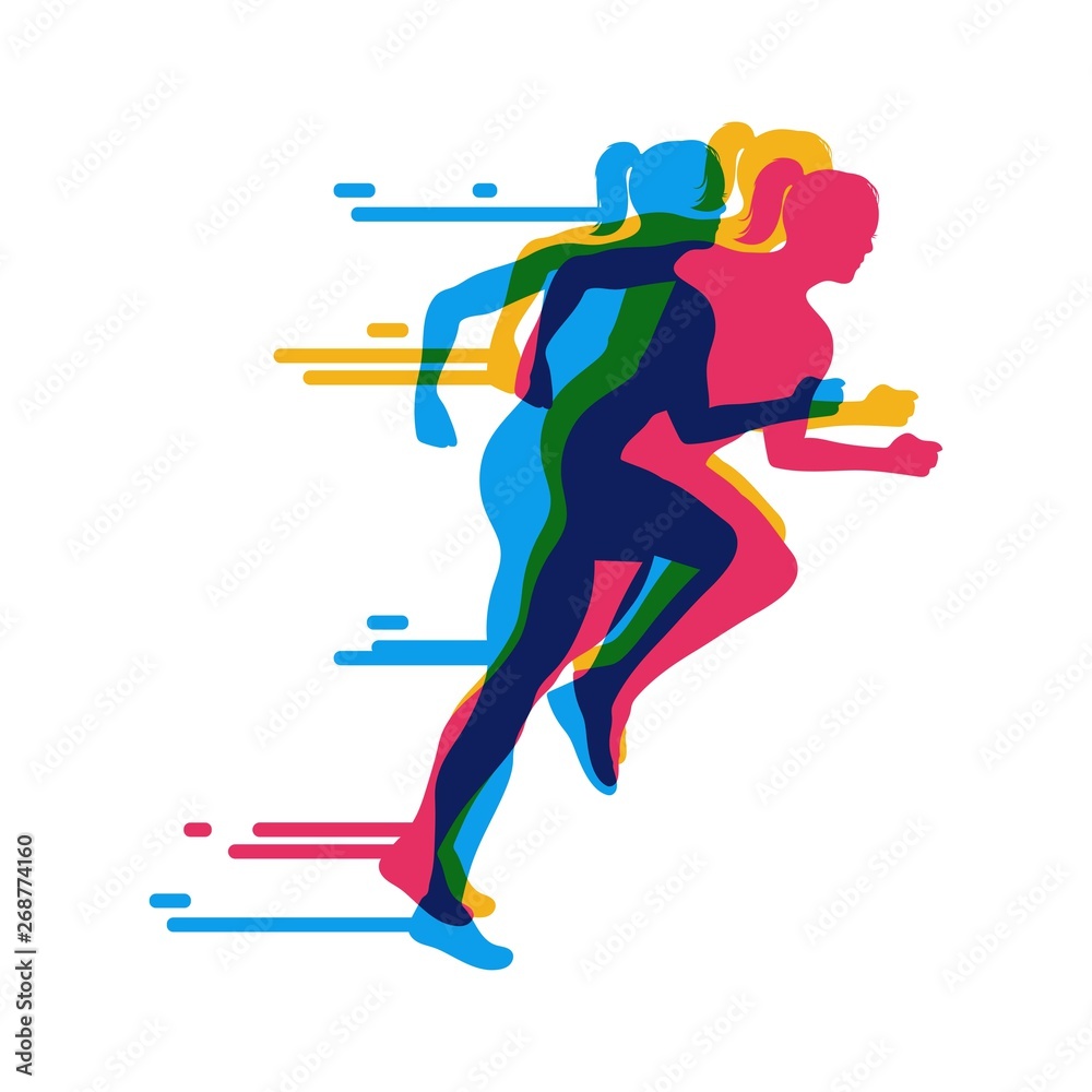 Running girls colorful poster.Running marathon. Vector creative illustration with run people