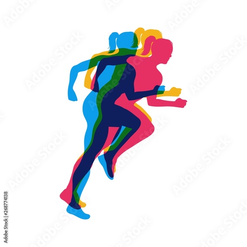 Running girls colorful poster.Running marathon. Vector creative illustration with run people