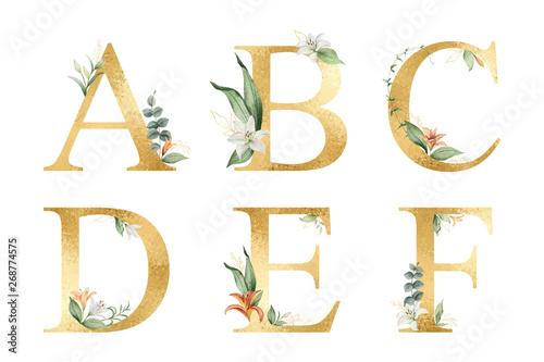 Golden vector glitter alphabet with watercolor flowers.