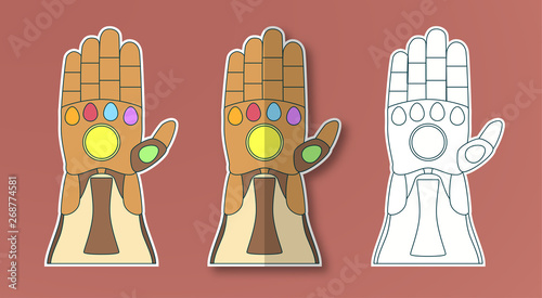 Glove of Thanos with 6 gems. Vector illustration in sticker paper cut style. Art craft for kid.
