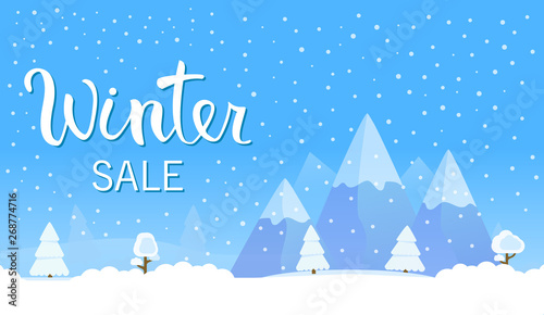 Winter sale of a discount.Hand lettering. .Forest rural landscape pines and hills.Winter time snowfall mountain.Fir-tree flat vector.