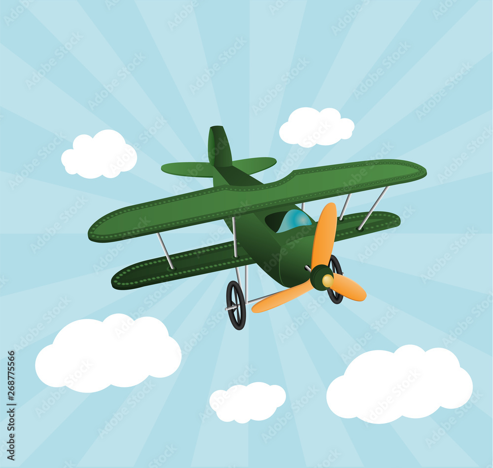 Green cartoon plane flying over sky with clouds. Old retro biplane designed  for poster printing. Model aircraft, two wings. Stock Vector | Adobe Stock