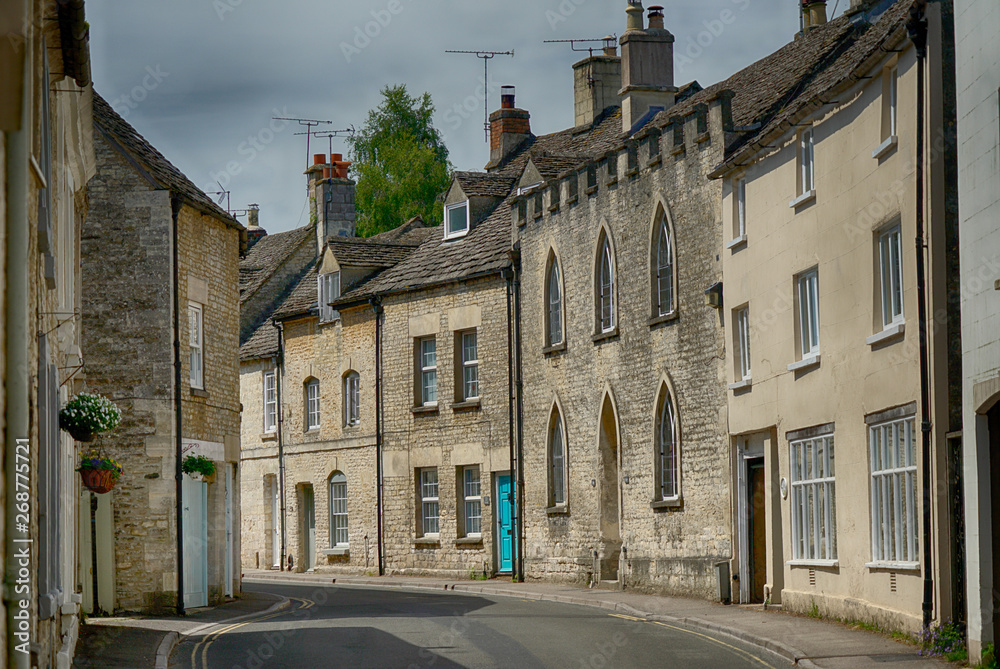 Narrow streets of the Cotswold village of Minchinhampton, Gloucestershire, UK